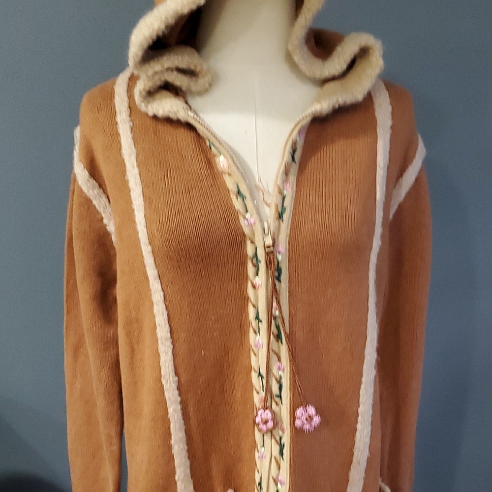Vtg Storybook Knits Tan Teddy Jacket sweater with zipper and hoody. - Picture 10 of 17